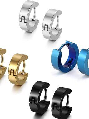 4-Pair Titanium Steel Huggie Hoop Earring Set – Black, Silver, Gold, Oil slick